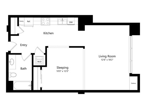 Floor plan for studio, 1 bath, 717 sqft